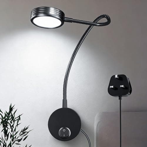 Image of Bonlux 5W Wall Mounted Reading Light, Flexible Gooseneck LED Wall Lamp Headboard Light Cool White 6000K with Plug & Switch for Books in Bed, Studying, Nightlight, Working Light