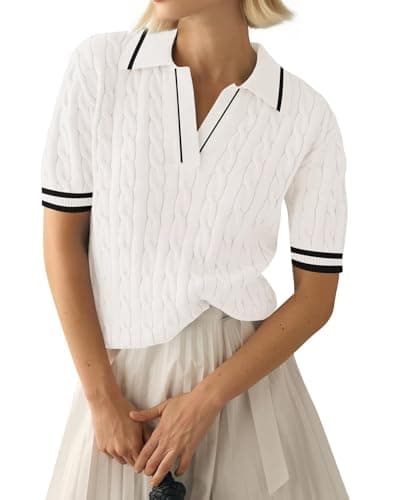 Image of LACOZY Short Sleeve Sweaters for Women V Neck T-Shirts Spring Knit Polo Shirts Color Block Dressy Tops White 2XL