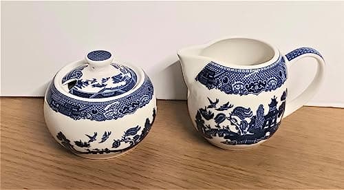 Image of AuraHome Blue Willow 7oz 200ml Cream/Milk Jug & Sugar Bowl with Lid Wide Glazed Iconic Elegant Blue-Printed Scene on White Porcelain Depicts Nature & Historical Imagery Collectible