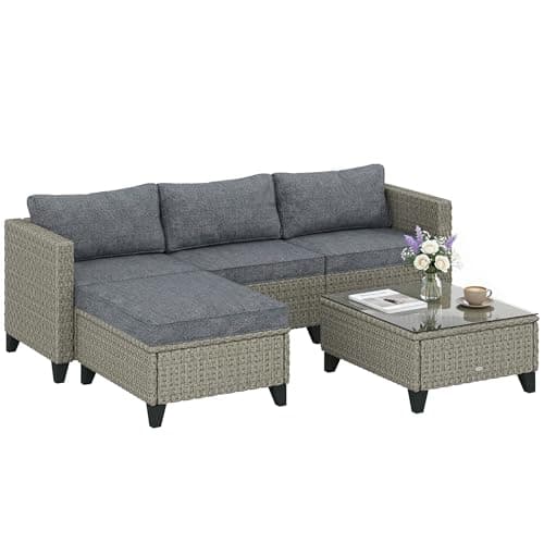 Image of Outsunny Luxury 4-Seater PE Rattan Garden Furniture Set, 5 Pieces Garden Corner Sofa Set with Tempered Glass Coffee Table, Ottoman, L-Shaped Patio Outdoor Furniture with Cushions, Dark Grey