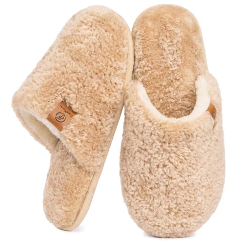 Image of EverFoams Women's Slippers Cosy Fuzzy Faux Alpine Shearling House Shoes Ladies' Memory Foam Slip-ons with Lightweight Non-slip Sole Sand, 7-8 UK