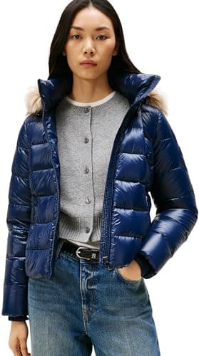 Image of Tommy Hilfiger Women's Gloss Down Slim Puffer Jacket with Faux Fur Trim, Blue (Dark Night Navy), M