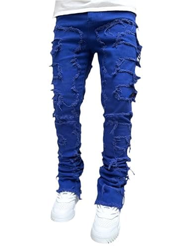 Image of SANSIWU Stretch Fit Skinny Stacked Ripped Destroyed Y2K Patch Jeans for Men (A-Royal Blue, XL)