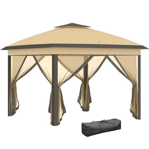 Image of Outsunny 3.3 x 3.3m Pop Up Gazebo, Double Roof Foldable Canopy Tent with Zipped Mesh Sidewalls, Height Adjustable and Carrying Bag, Event Tent for Patio Garden, Beige
