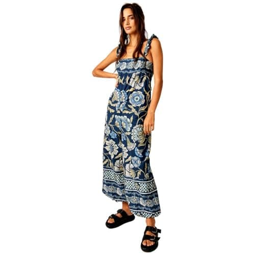 Image of Free People Womens Bali Albright Cotton Printed Jumpsuit Navy XS, Navy Combo, XS