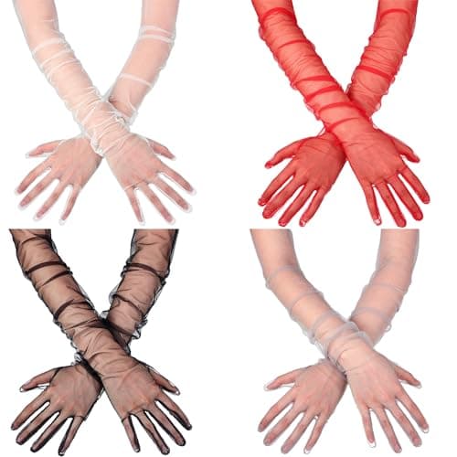 Image of SATINIOR Women's 4 Pairs Long Tulle Sheer Wedding Bridal Elbow Length Opera Party Gloves, Red, Black, Clear, White, 27.5 inches in length