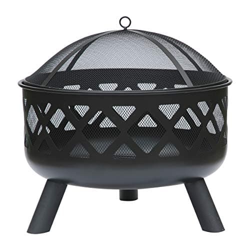 Image of CHARLES BENTLEY Outdoor, Patio, Garden, Round Black Fire Pit, Lattice Design, Mesh Cover, Weather Resistant, Wood And Charcoal, Heatproof Paint, Safety Poker, Log Grate, Durable Steel Bowl (61x58cm)