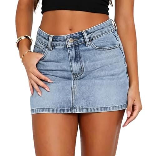 Image of LXEASYGO Women's Denim Mini Skirt Bodycon Denim Skort with Pockets Casual Low Rise Short Jean Skirts for Women (UK, Alpha, S, Regular, Regular, LightBlue)
