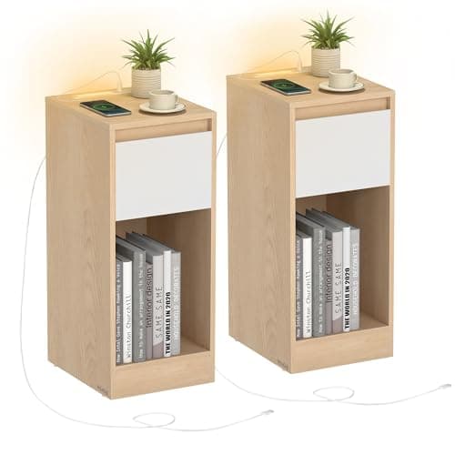 Image of VASAGLE Slim Bedside Tables with Charging Station and LED Light, Set of 2 Narrow Side End Tables, USB Ports, Drawer and Open Compartment, for Bedroom, Living Room, Oak Beige and Cloud White LET710Y01