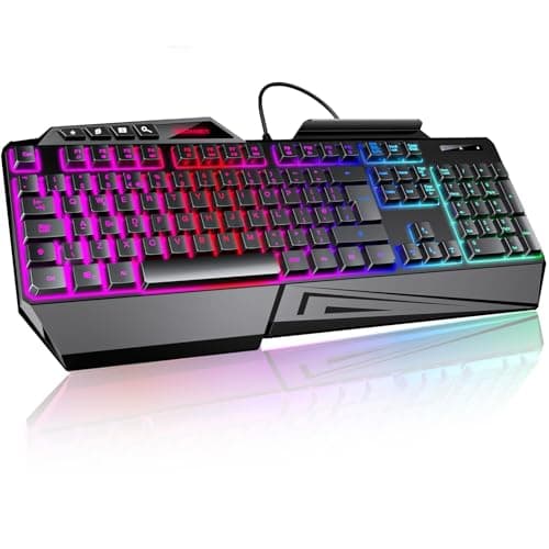 Image of TECKNET Wired Gaming Keyboard, 26-Key Anti-Ghosting RGB Keyboard, Ergonomic Design with Phone Holder & Wrist Rest, Dedicated Shortcut Keys & Spill-Resistant Backlit Keyboards for PC/PS5/Xbox
