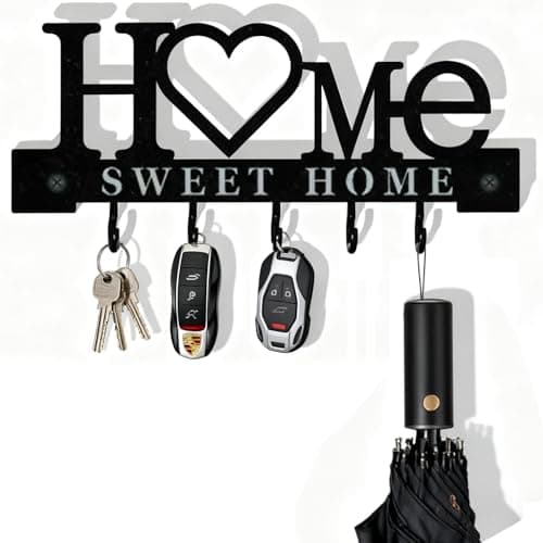 Image of Sweet Home Key Holder for Wall – Black Metal Key Hooks Wall Mounted with 5 Hooks, Self-Adhesive or No-Drill Key Rack, Heavy-Duty Key Hanger for Entryway, Home, Office & Door Decor