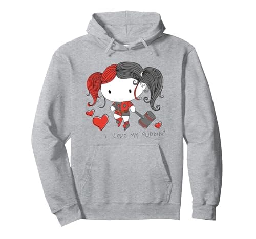 Image of Justice League Harley Quinn I love My Puddin Pullover Hoodie, Adult Unisex, Heather Grey, Large