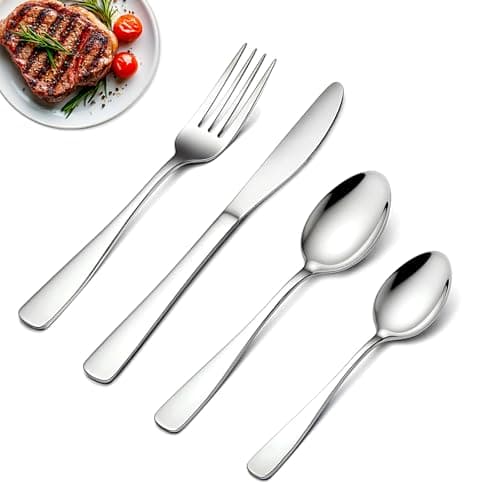 Image of BEWOS 16 Pcs Cutlery Set - Stainless Steel Cutlery Set for 4 People with Ergonomic Handle, Silver, Knife and Fork Sets Ideal for Family Dining, Camping, Mirror Polished & Dishwasher Safe