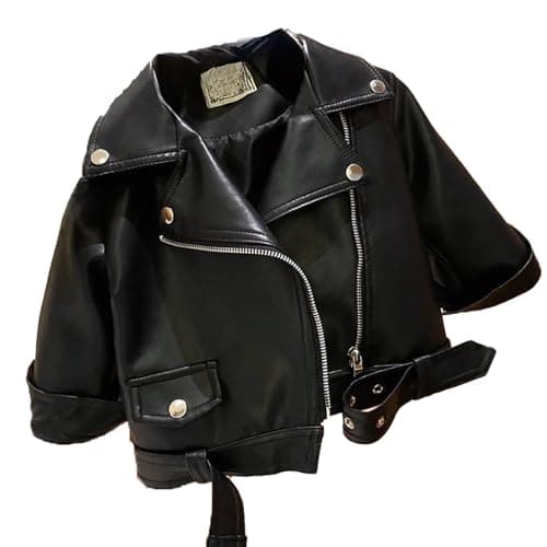 Image of 2025 Girl's Motorcycle Handsome Cool Style Large Lapel Zipper Leather Jacket Jacket 2024 and Winter Fashion Top (BK1, 18-24 Months)