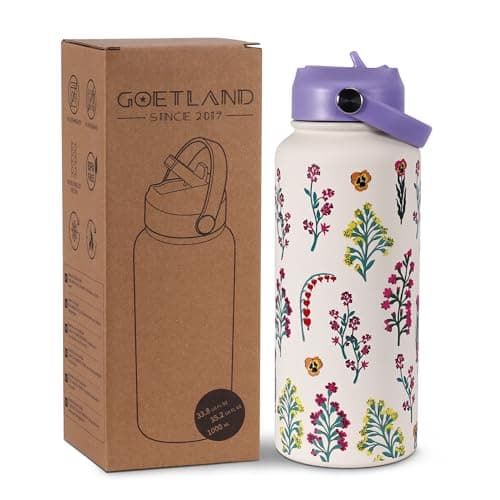 Image of Goetland Flowers Water Bottle 1l Beverage Bottle with Straw Lid Stainless Steel Wide Mouth Vacuum Insulated Cute UV Printing Leak Proof for Women Girls Kids Purple