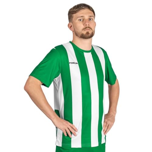 Image of FORZA Men’s Striped Jersey Shirt [XS-XXL] – Premium Short Sleeve Football T-Shirts | 5 Stripe Colour Options (Green and White, M)