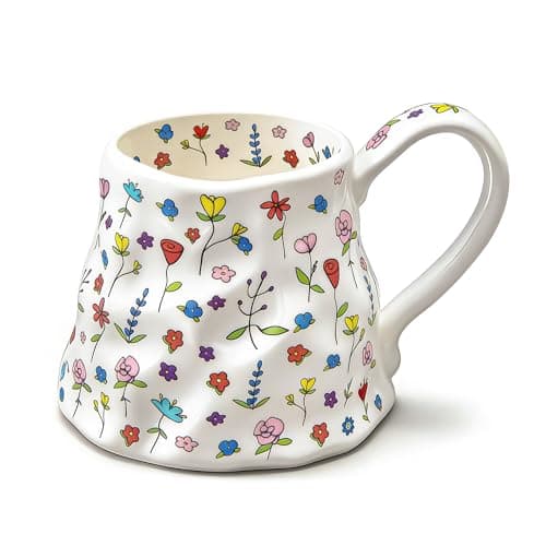 Image of Acolidas 20 oz Large Ceramic Coffee Mug, White Floral Ceramic Mug with Hand-Painted Style Design, Cottage Style Coffee Cup, Gift for Home Use