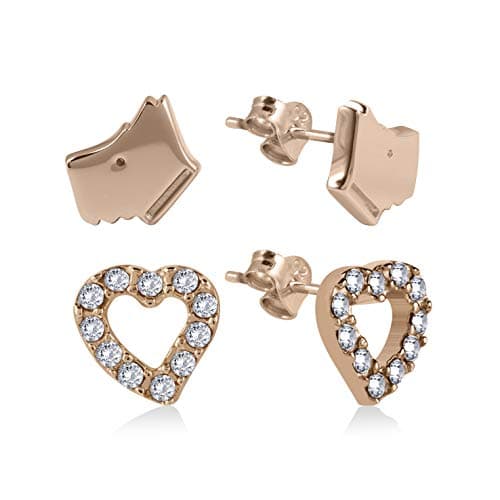 Image of RADLEY Love Womens Sterling Silver 18ct Rose Gold Plated Twin Pack Dog and Stone set heart studs RYJ1036B, One Size