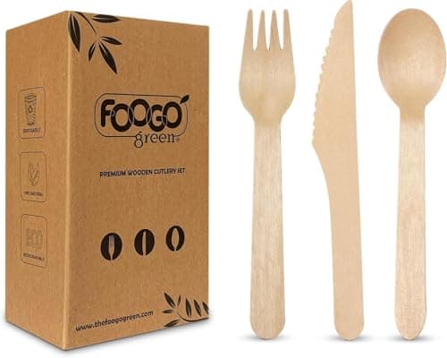 Image of FOOGO Green 75pcs Disposable Wooden Cutlery Set, FSC® Certified, 25x Forks 25x Spoons 25x Knives, 16cm, Biodegradable Compostable, Eco Friendly, Party Picnic, Like Bamboo