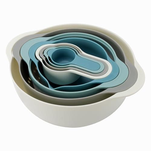 Image of YUENPUN 8 Pcs Plastic Nesting Bowls Set with Mixing Bowl, Filtering Bowl, Measuring Cup, Sieve, Space Saving Multi Functional Kitchen Food Preparation Set for Baking, Kitchen, Picnic Bowls, Food Prep