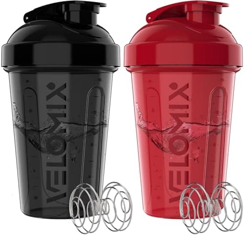 Image of VELOMIX -2 PACK- 600ml Protein Shaker Bottle -2x Wire Mixball | Leak Proof Shaker For Protein Shakes | Stackable Protein Shake Bottle | Dishwasher Safe Gym Bottle (Black/Red)