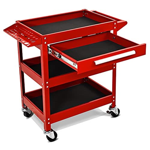 Image of TANGZON 3-Tier Rolling Tool Cart, Utility Service Cart with Towel Rack Handle, Lockable Casters, Draw & Holes, Heavy-duty Steel Mobile Storage Trolley for Garage Warehouse Office (Red)