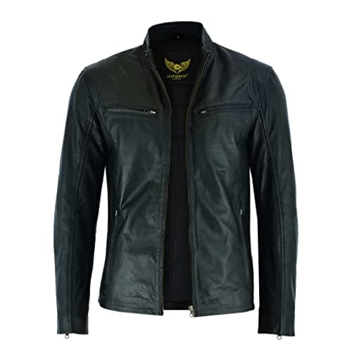 Image of Leatherick Mens Premium Lambskin Biker Jackets - Cafe Racer Leather Motorcycle Jackets with Zipper & Multiple Pockets (UK, Alpha, L, Regular, Regular)