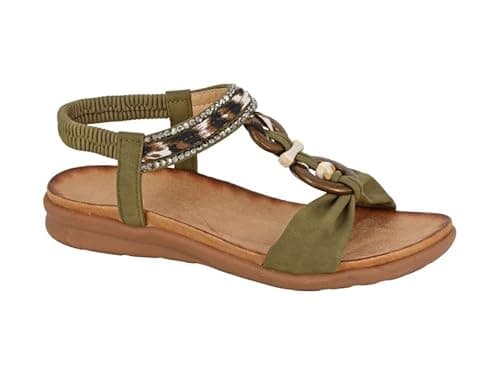 Image of Cipriata L825 Giovins Ladies Womens Jewelled Elasticated Sling Back Sandal (Khaki PU, UK Footwear Size System, Adult, Women, Numeric, Medium, 6)