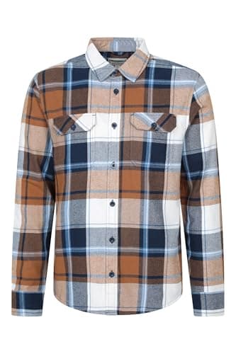 Image of Mountain Warehouse Trace Mens Flannel Long Sleeve Shirt - Lightweight, Breathable Casual Checks Shirt in 100% Cotton, Buttoned Front Pockets - Spring Summer Tan 3XL