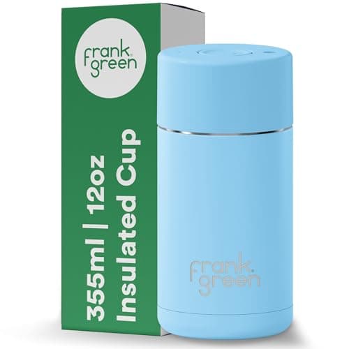 Image of frank green Insulated Travel Mug for Cold Or Hot Drinks - 355ml/12oz Reusable Coffee Cup with Push-Button Lid, Ceramic Lined, Triple Wall Vacuum - Sky Blue