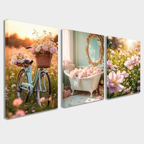 Image of Star Online Large 3 Pieces Floral Day Wall Art Full Canvas Prints Pink Floral Blossoms Picture Painting Modern Wall Artwork Framed for Living Room Bedroom Home Office Decorations 30 x 40 CM