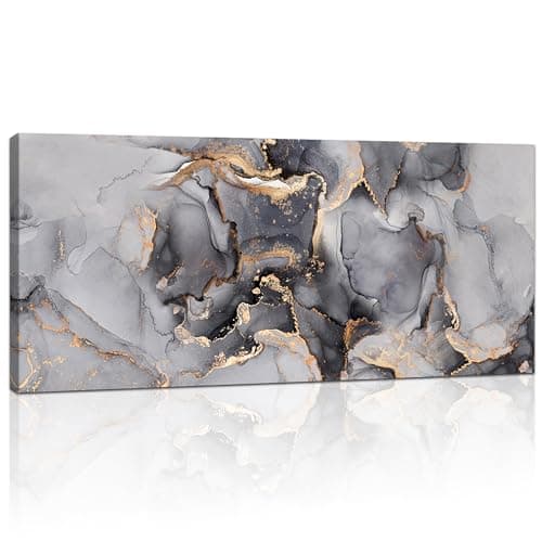 Image of FajerminArt Large Framed Canvas Wall Art Abstract Marble Grey Gold Painting on Canvas Printed Minimalist Picture Poster Wall Art for Living Room Bedroom Wall Decor Ready To Hang 20"x48"/ 120cm x 50cm