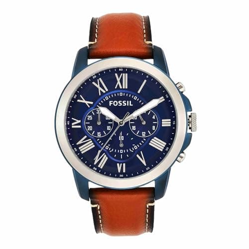 Image of Fossil Grant Men's Quartz Watch with Blue Dial and Brown Leather Strap FS5151