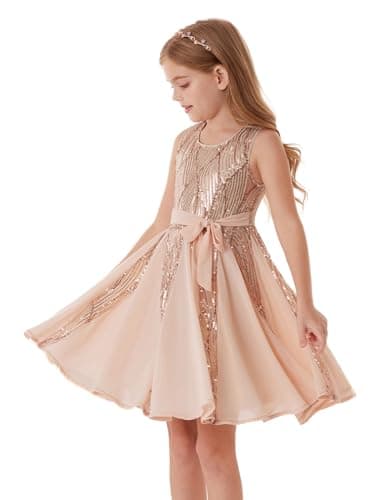 Image of GRACE KARIN Girls Sparkling Sequin Princess Dress Birthday Party Gown Summer Flower Girl Special Occasion Dress Festival Outfit Rose Gold 12-14 Years