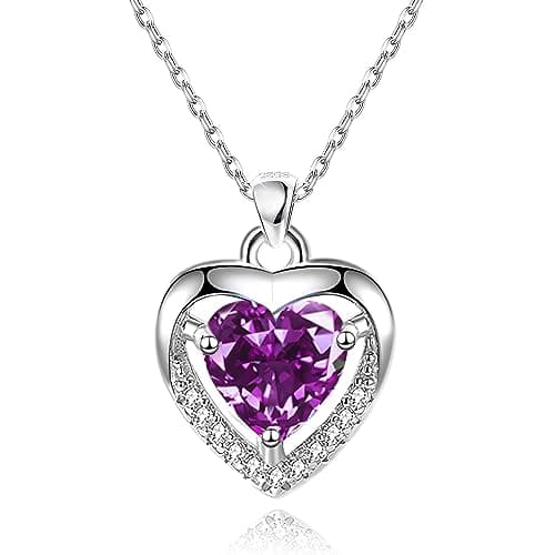 Image of EXGOX Silver Heart Necklaces, 925 Sterling Silver Necklace for Women Crystal Heart Necklace Dainty Love Heart Necklace Adjustable Silver Chain Necklace Women Birthday Gift (Purple-Crystal Heart)