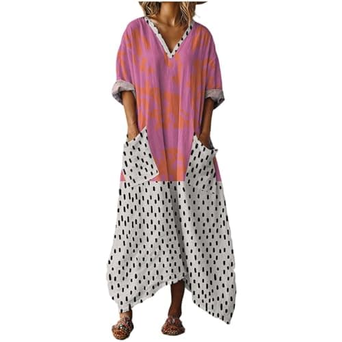 Image of Womens Summer Dresses UK Floral Print Cotton Linen Midi Dress with Pockets Oversized Hippie Gypsy Style Ladies Lightweight Breathable Smock Dress Abstract Graphic Printed Sundress
