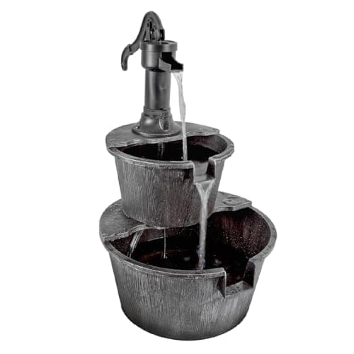 Image of GardenKraft Rustic 2 Tier Garden Water Fountain, Dark Silver, Barrel Style Outdoor Water Feature with Built-In Pump, Weatherproof Finish, Mains Powered, 67 x 41 cm