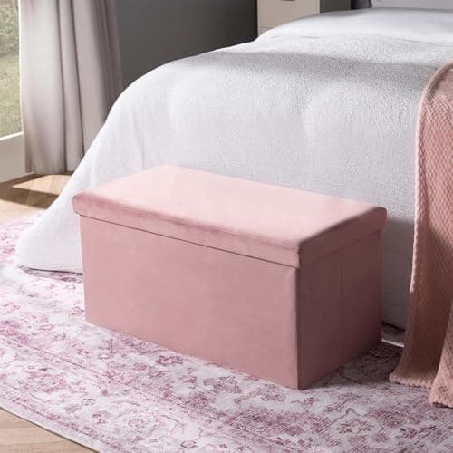 Image of OHS Rectangle Ottoman Storage Box, Matte Velvet Padded Foldable Bench with Hidden Storage & Lid Upholstered Footrest For Living Room & Bedroom Space Saving Organising Box, Pink