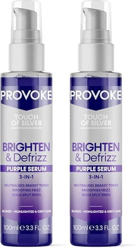 Image of PROVOKE Touch of silver Brighten and Defrizz Purple Serum 100 ml. Neutralise Brassy Tones. Anti Frizz, Seal Split Ends. Plant-Based Keratin. Purple Pigments. For Blonde, Highlighted and Grey Hair