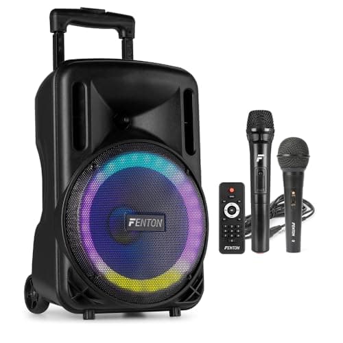 Image of Fenton FT10LED MK2 10" Portable Battery Powered PA Speaker System with Bluetooth, LED Lights, Wireless & Wired Microphones - 450W Rechargeable Outdoor Sound System for Karaoke & Events