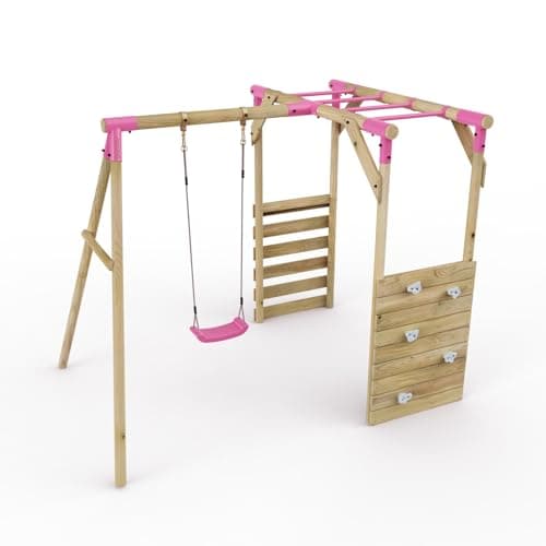 Image of Rebo® Wooden Garden Children's Swing Set with Monkey Bar Attachment - Solar Pink | OutdoorToys | Kids' Outdoor Wooden Play Equipment for Gardens, Frame and Accessories Included, Weather Resistant
