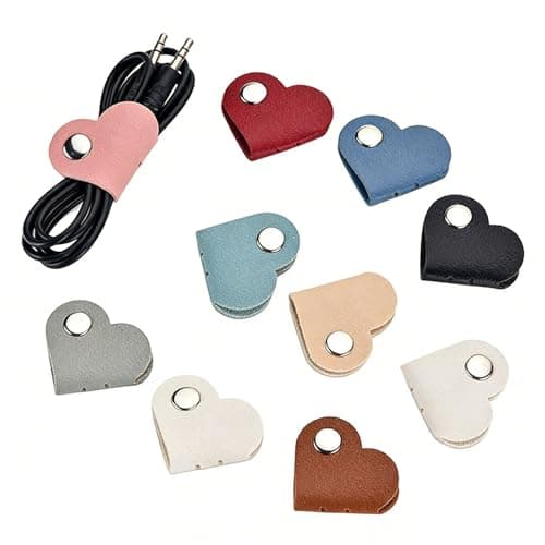 Image of PureSphere 10 Pack Heart Shape Cable Organizers, PU Leather Reusable Cable Clips, Cord Winder Holder for Charging Cords Earphones USB Cables, Random Multicolor