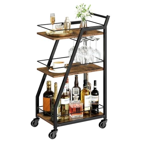 Image of YATINEY Bar Cart, Drinks Trolley with Glass Holder, Serving Trolley on Wheels, Small Bar Cart, Drinks Cart for Bar, Kitchen, Dining, Rustic Brown and Black XBC03BR