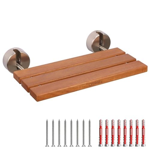 Image of Awelife 20" Luxury Folding Teak Seat (Wall Mounted), Fold Down/Up Teak Shower Seat with Brushed Nickel Fitting