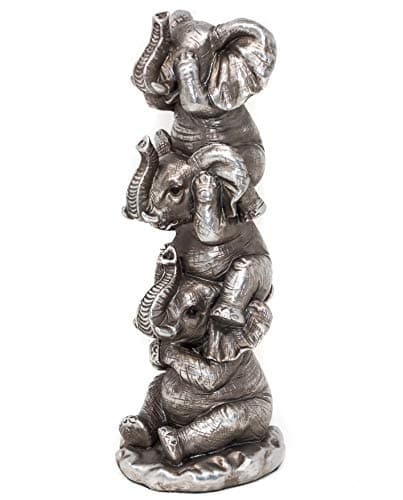 Image of THORNE ANTIQUES AND COLLECTABLES Three Wise Elephants Sculpture - See No Hear No Speak No Evil - Baby Elephant On Shoulders Funny Decoration (Silver)