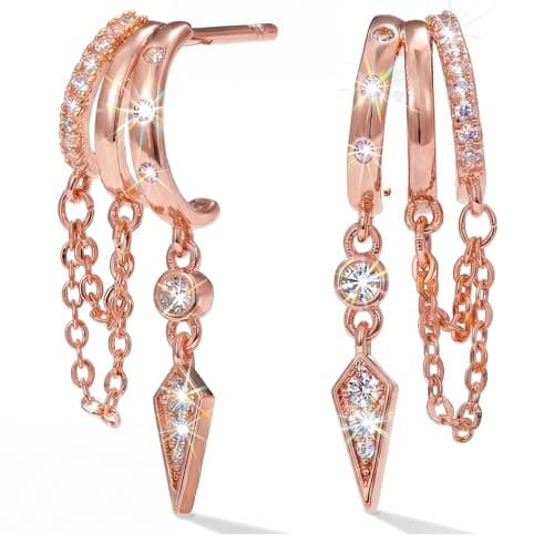 Image of MUMREUES Rose Gold Earrings for Women Trendy 14K Rose Gold Plated Dangle Earings Small Hoop Huggie Drop Stud Earrings Zirconia Simple Minimalist Dainty Chain Tassel Hypoallergenic Earring