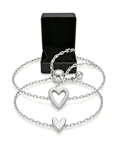 Image of Panruia Adjustable Love Friendship Two Bracelet Pack, 14K Gold Plated Matching Heart Bracelet Set For Women, Hypoallergenic Dainty Stainless Steel BFF Friendship Mother Daughter Jewelry Gift (Silver)