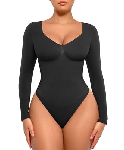 Image of FeelinGirl Women's Shapewear Tummy Control Bodysuit Long Sleeve Seamless V Neck Thong Going Out Outfit Black M