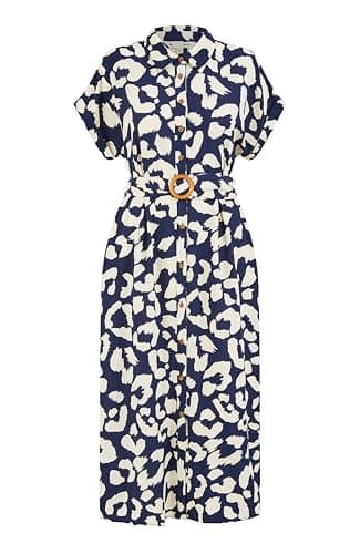 Image of Yumi Navy Abstract Animal Print Relaxed Midi Shirt Dress with Belt (UK, Numeric, 10, Regular, Regular, Navy)