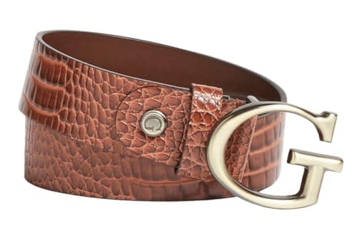 Image of GUESS BW7563VIN35 Women's Raffie Croc G Gold Logo Belts (Cognac, Large)